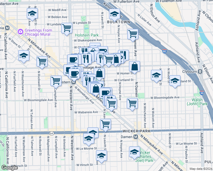 map of restaurants, bars, coffee shops, grocery stores, and more near in Chicago