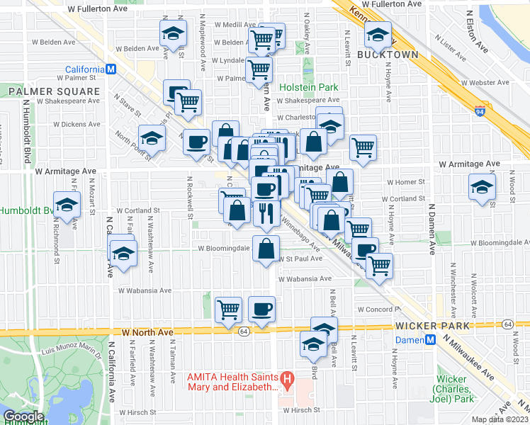 map of restaurants, bars, coffee shops, grocery stores, and more near 1900 North Western Avenue in Chicago