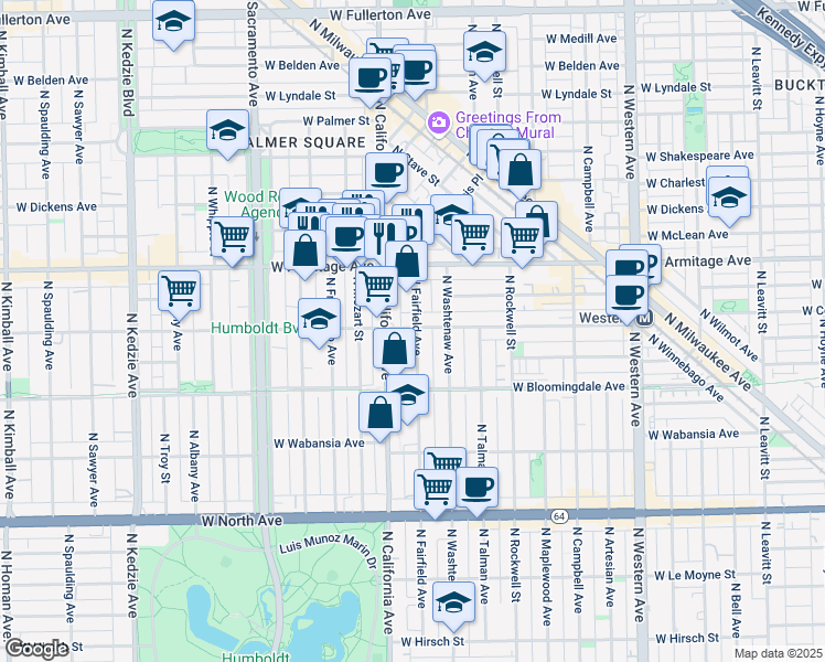 map of restaurants, bars, coffee shops, grocery stores, and more near 1908 North Fairfield Avenue in Chicago