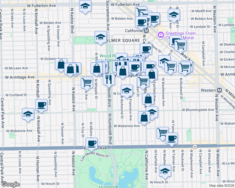 map of restaurants, bars, coffee shops, grocery stores, and more near 1912 North Richmond Street in Chicago