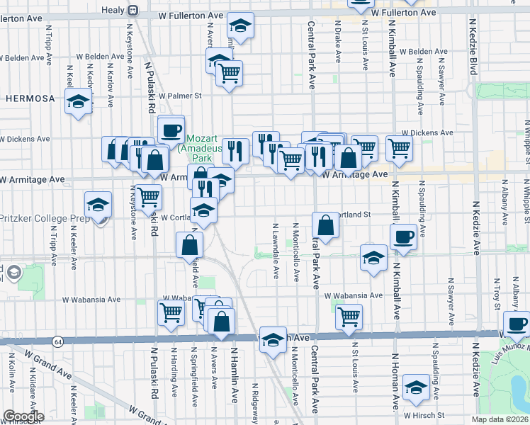 map of restaurants, bars, coffee shops, grocery stores, and more near 1919 North Ridgeway Avenue in Chicago