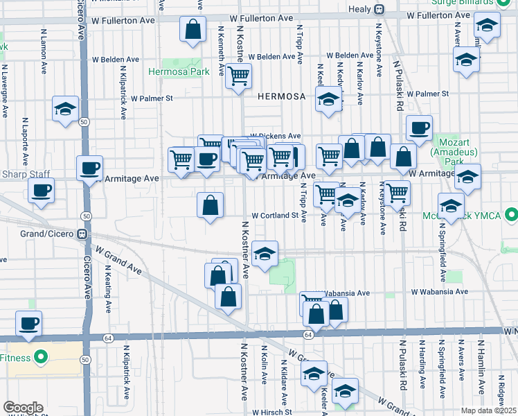 map of restaurants, bars, coffee shops, grocery stores, and more near 1927 North Lowell Avenue in Chicago