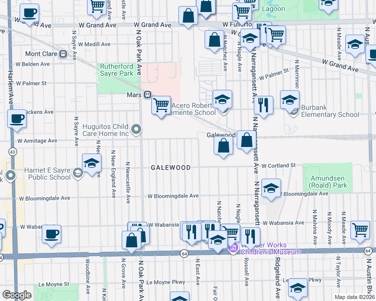 map of restaurants, bars, coffee shops, grocery stores, and more near 1950 North Nashville Avenue in Chicago