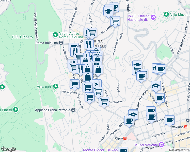 map of restaurants, bars, coffee shops, grocery stores, and more near 183 Viale delle Medaglie d'Oro in Roma