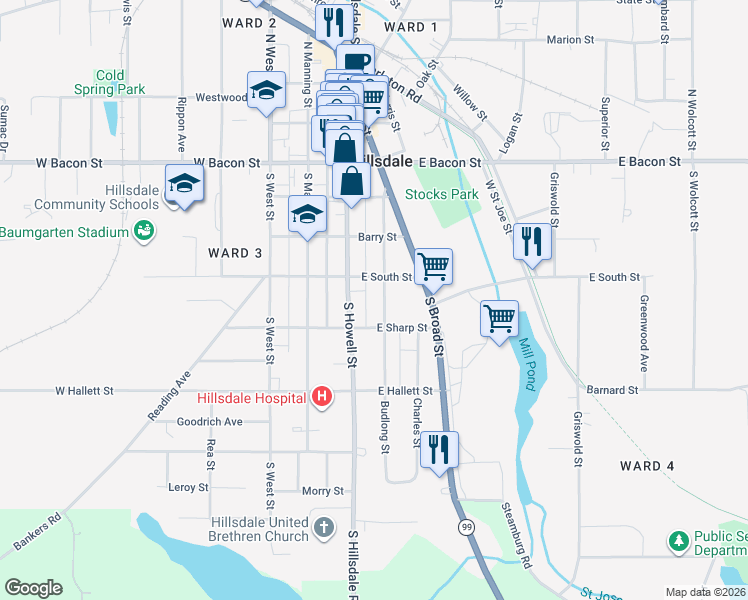 map of restaurants, bars, coffee shops, grocery stores, and more near 85 South Howell Street in Hillsdale