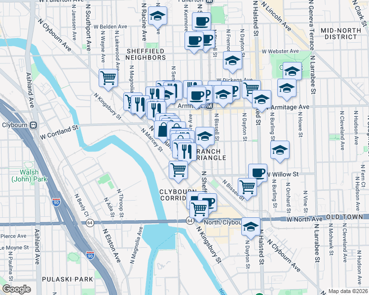 map of restaurants, bars, coffee shops, grocery stores, and more near 1904 North Maud Avenue in Chicago