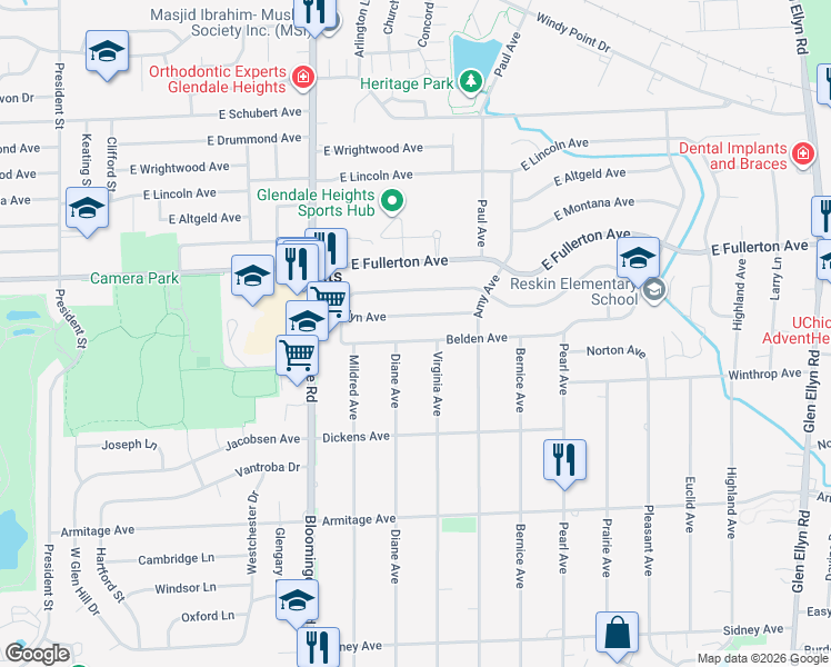 map of restaurants, bars, coffee shops, grocery stores, and more near 293 Marilyn Avenue in Glendale Heights