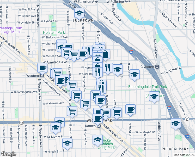 map of restaurants, bars, coffee shops, grocery stores, and more near 1876 North Damen Avenue in Chicago