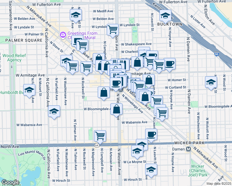 map of restaurants, bars, coffee shops, grocery stores, and more near 1900 North Western Avenue in Chicago