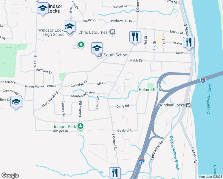 map of restaurants, bars, coffee shops, grocery stores, and more near 159 South Center Street in Windsor Locks