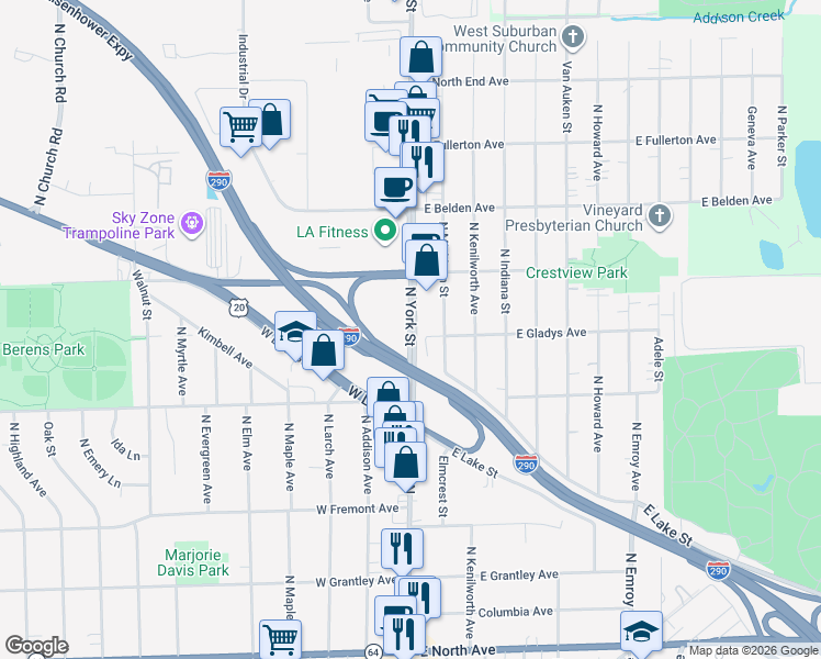 map of restaurants, bars, coffee shops, grocery stores, and more near North York Street in Elmhurst