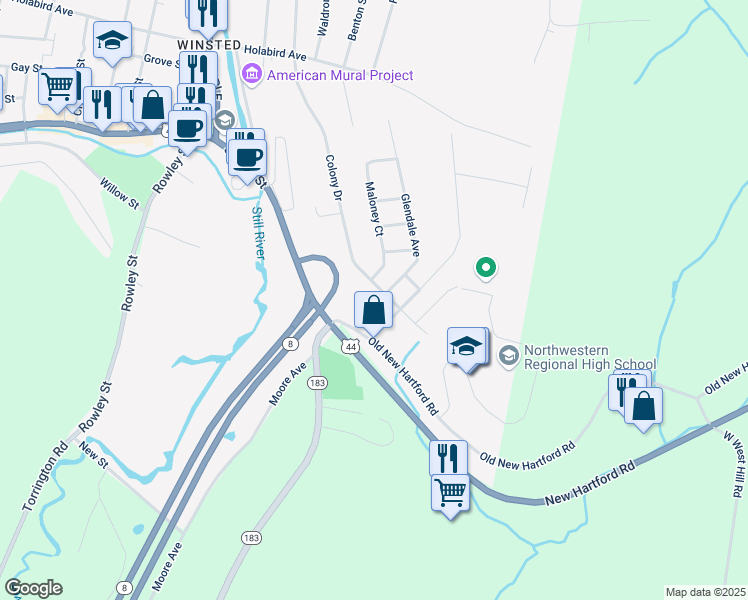 map of restaurants, bars, coffee shops, grocery stores, and more near 24 Maloney Court in Winsted