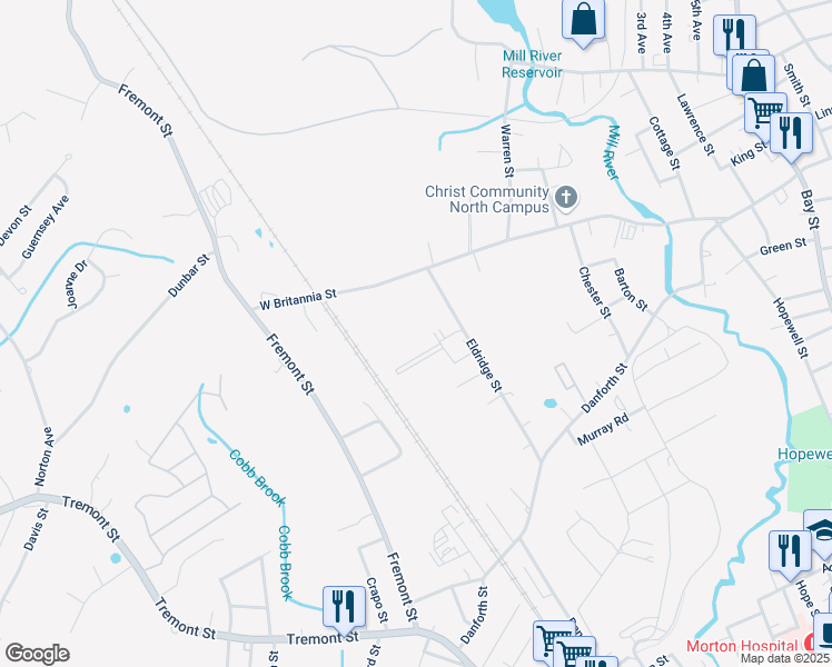 map of restaurants, bars, coffee shops, grocery stores, and more near 178 Eldridge Street in Taunton