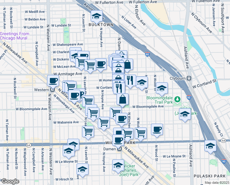 map of restaurants, bars, coffee shops, grocery stores, and more near 1876 North Damen Avenue in Chicago