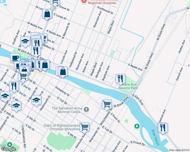 map of restaurants, bars, coffee shops, grocery stores, and more near 120 Maple Boulevard in Monroe