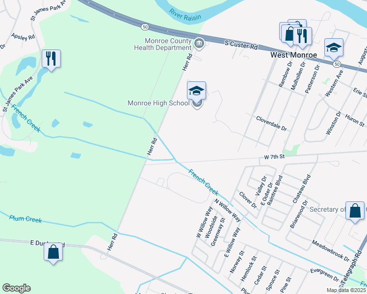 map of restaurants, bars, coffee shops, grocery stores, and more near West 7th Street in Monroe