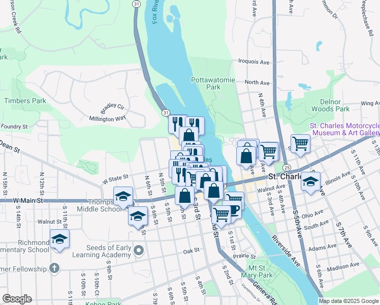 map of restaurants, bars, coffee shops, grocery stores, and more near 305 North 2nd Street in St. Charles