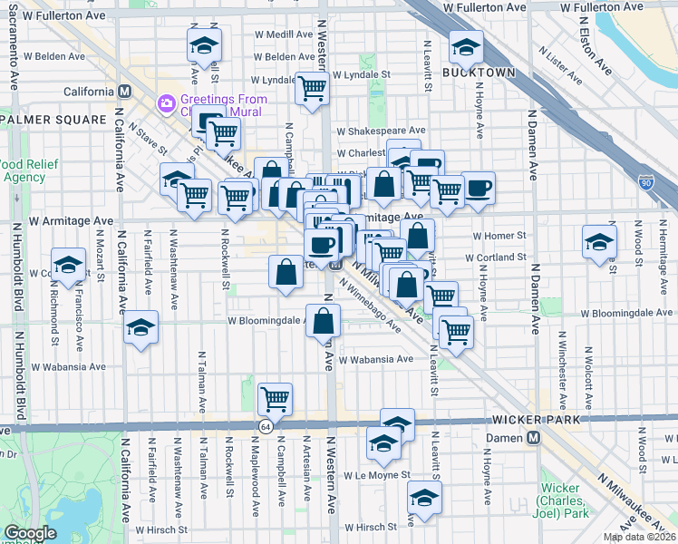 map of restaurants, bars, coffee shops, grocery stores, and more near 1885 North Winnebago Avenue in Chicago