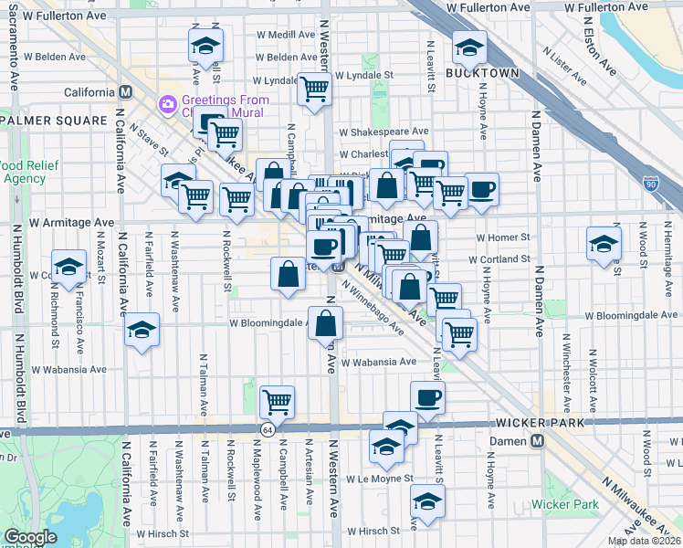 map of restaurants, bars, coffee shops, grocery stores, and more near 1885 North Winnebago Avenue in Chicago