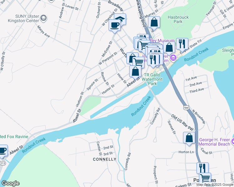 map of restaurants, bars, coffee shops, grocery stores, and more near 165 Abeel Street in Kingston
