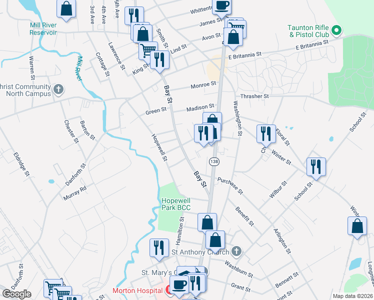 map of restaurants, bars, coffee shops, grocery stores, and more near 3 Jefferson Street in Taunton