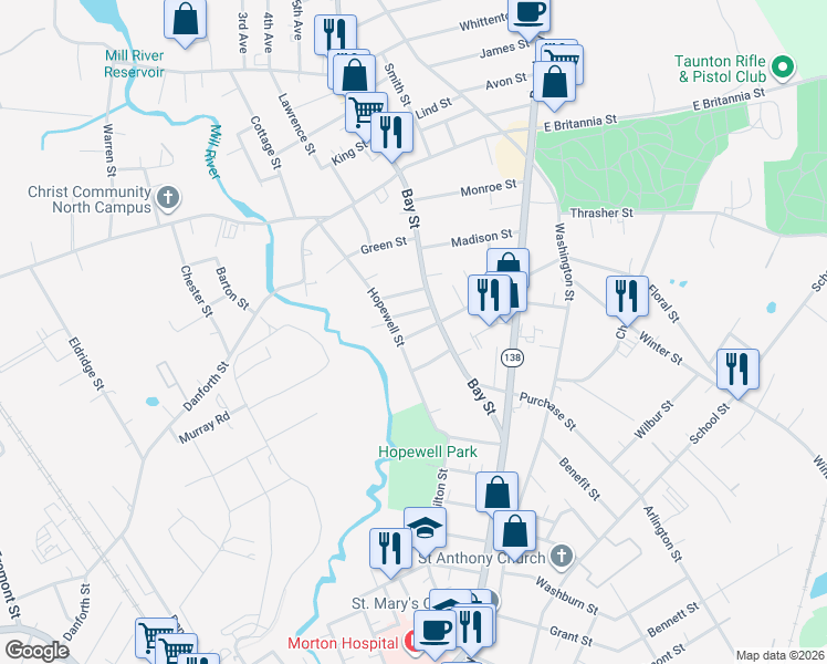map of restaurants, bars, coffee shops, grocery stores, and more near 4 North Avenue in Taunton