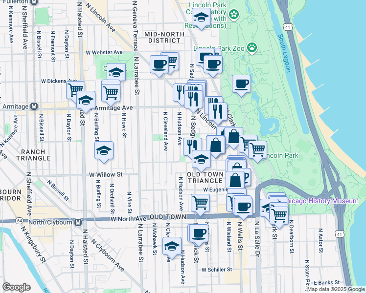 map of restaurants, bars, coffee shops, grocery stores, and more near 1846 North Sedgwick Street in Chicago