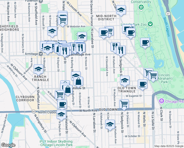 map of restaurants, bars, coffee shops, grocery stores, and more near 1845 North Larrabee Street in Chicago