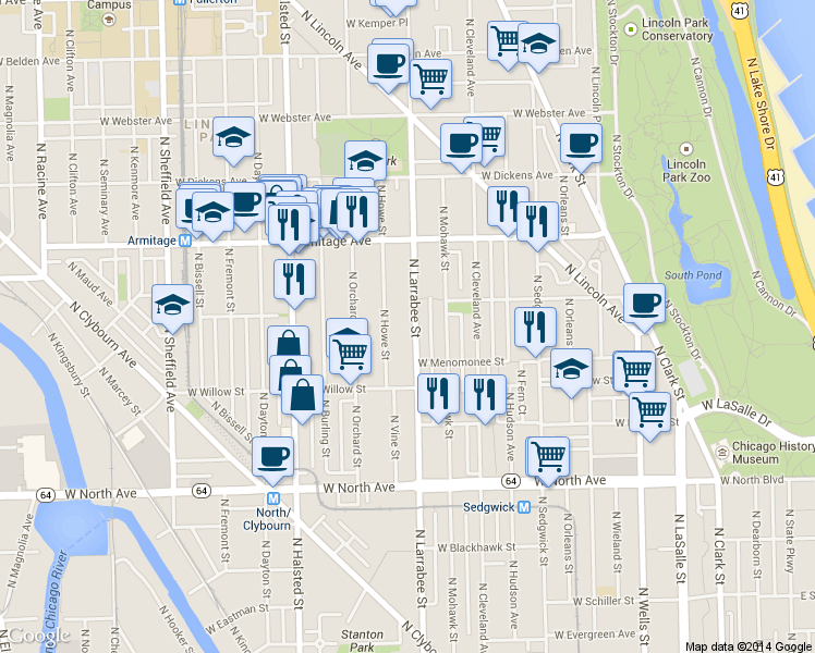 map of restaurants, bars, coffee shops, grocery stores, and more near 1845 North Larrabee Street in Chicago