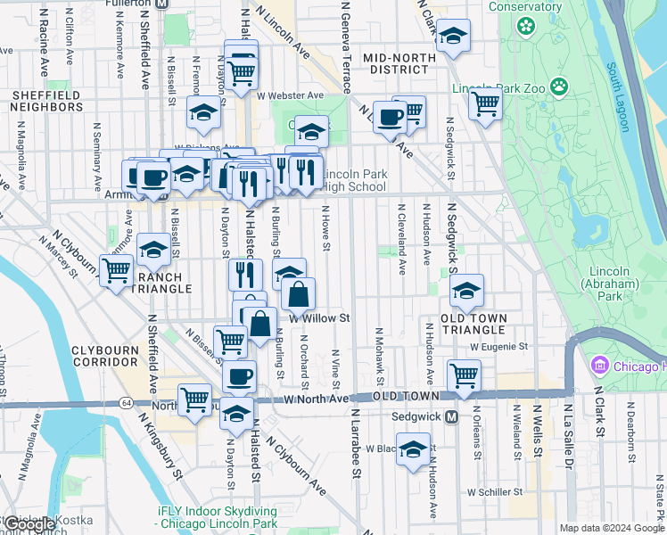 map of restaurants, bars, coffee shops, grocery stores, and more near 1872 North Howe Street in Chicago