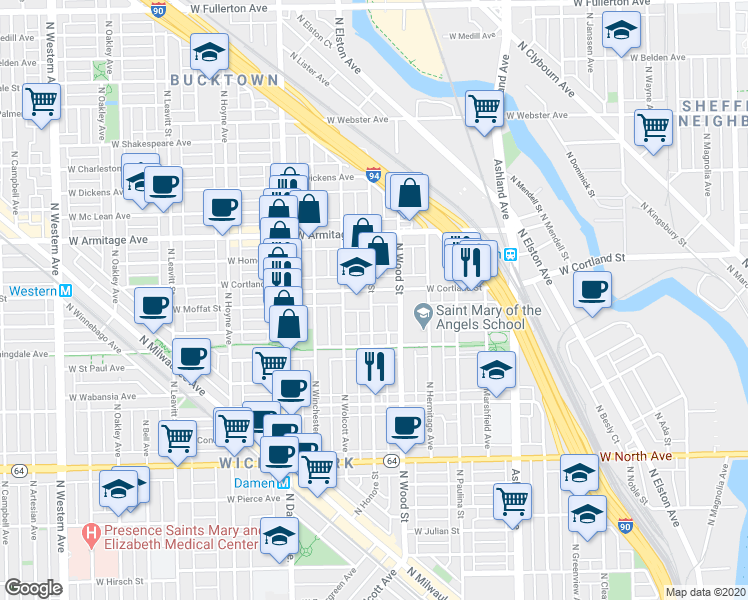 map of restaurants, bars, coffee shops, grocery stores, and more near in Chicago