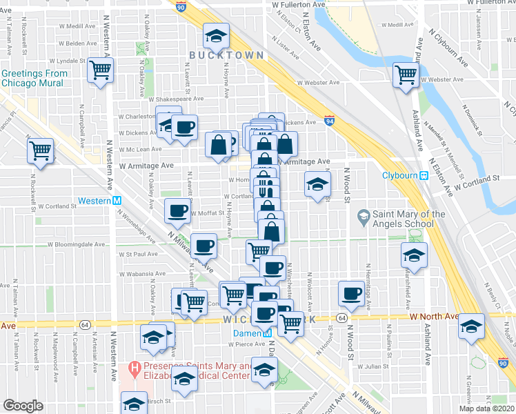 map of restaurants, bars, coffee shops, grocery stores, and more near 1876 North Damen Avenue in Chicago