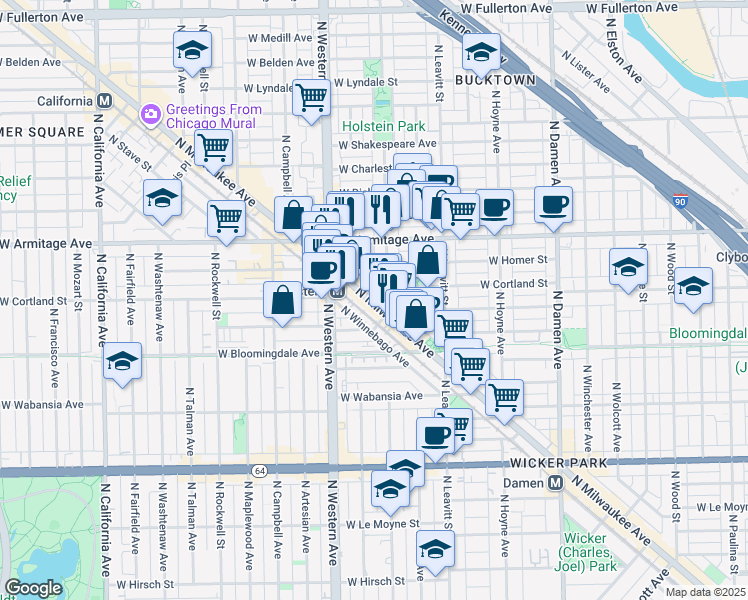 map of restaurants, bars, coffee shops, grocery stores, and more near 1887 North Milwaukee Avenue in Chicago