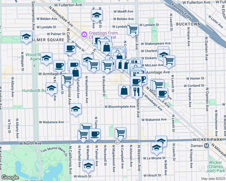 map of restaurants, bars, coffee shops, grocery stores, and more near 2542 West Cortland Street in Chicago