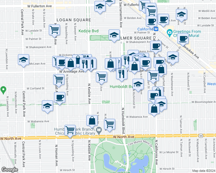 map of restaurants, bars, coffee shops, grocery stores, and more near 1911 North Whipple Street in Chicago