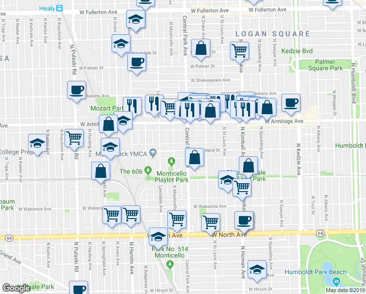 map of restaurants, bars, coffee shops, grocery stores, and more near 1916 North Central Park Avenue in Chicago