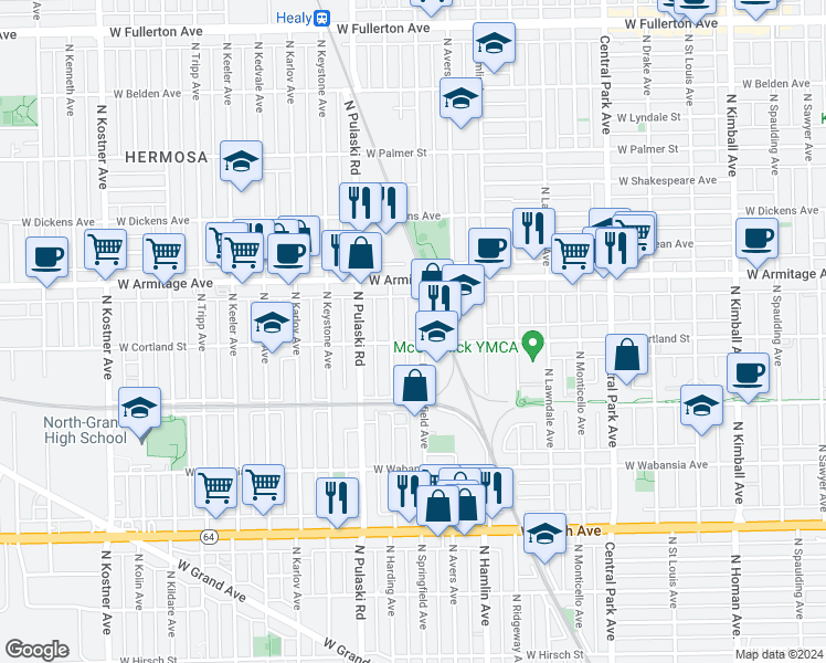 map of restaurants, bars, coffee shops, grocery stores, and more near 1920 North Springfield Avenue in Chicago