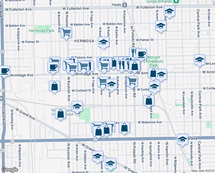 map of restaurants, bars, coffee shops, grocery stores, and more near 1920 North Kedvale Avenue in Chicago