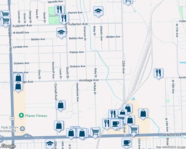 map of restaurants, bars, coffee shops, grocery stores, and more near 2038 Ruby Street in Melrose Park
