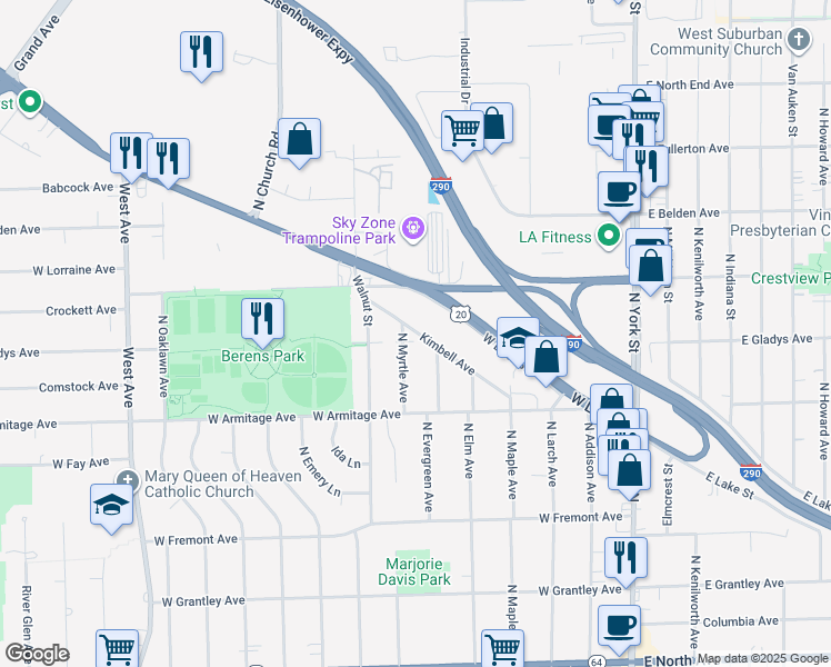 map of restaurants, bars, coffee shops, grocery stores, and more near 297 Kimbell Avenue in Elmhurst