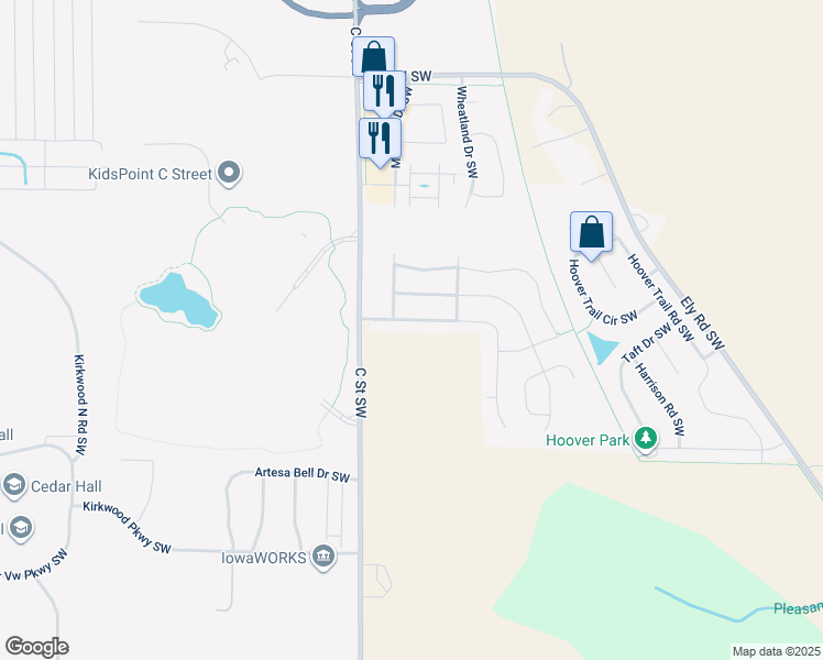 map of restaurants, bars, coffee shops, grocery stores, and more near 1220 Prairie Rose Drive Southwest in Cedar Rapids