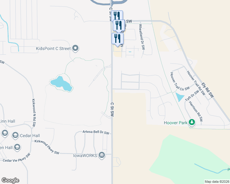 map of restaurants, bars, coffee shops, grocery stores, and more near 1115 Prairie Rose Drive Southwest in Cedar Rapids