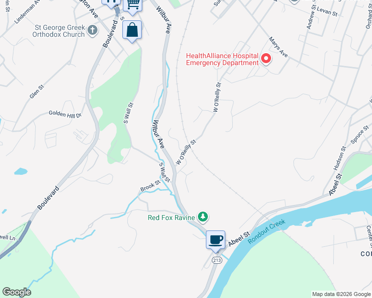 map of restaurants, bars, coffee shops, grocery stores, and more near 384-388 West O'Reilly Street in Kingston