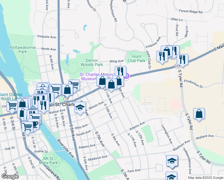 map of restaurants, bars, coffee shops, grocery stores, and more near 603 South 11th Avenue in St. Charles