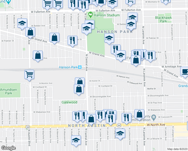 map of restaurants, bars, coffee shops, grocery stores, and more near 5530 West Homer Street in Chicago