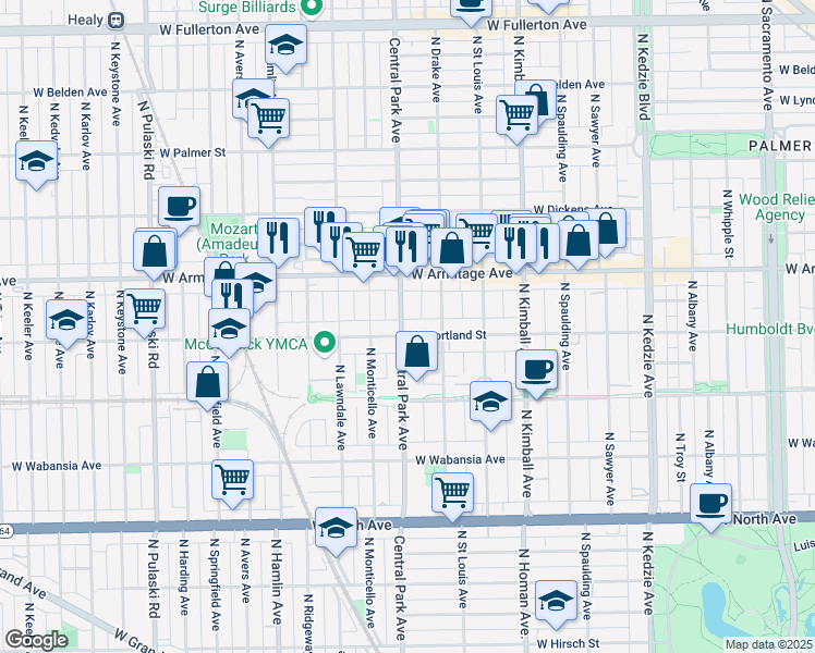 map of restaurants, bars, coffee shops, grocery stores, and more near 1916 North Central Park Avenue in Chicago