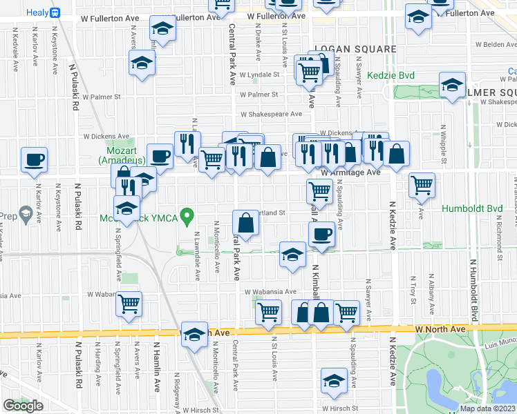 map of restaurants, bars, coffee shops, grocery stores, and more near 1918 North Drake Avenue in Chicago