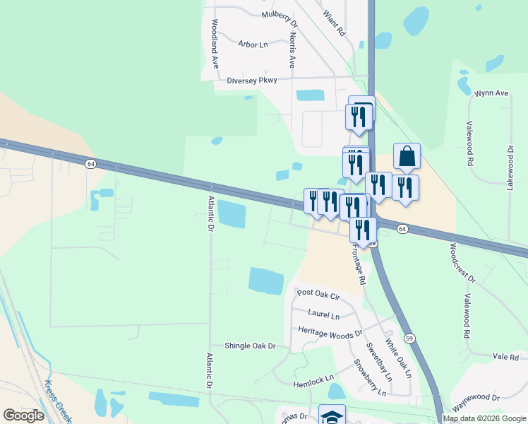 map of restaurants, bars, coffee shops, grocery stores, and more near 560 East North Avenue in West Chicago