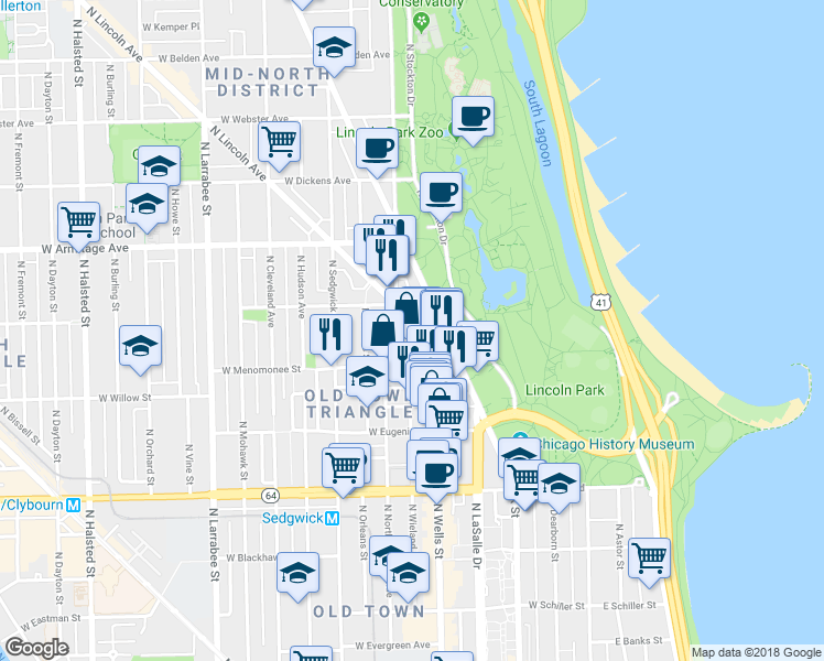 map of restaurants, bars, coffee shops, grocery stores, and more near 1848 North Lincoln Avenue in Chicago