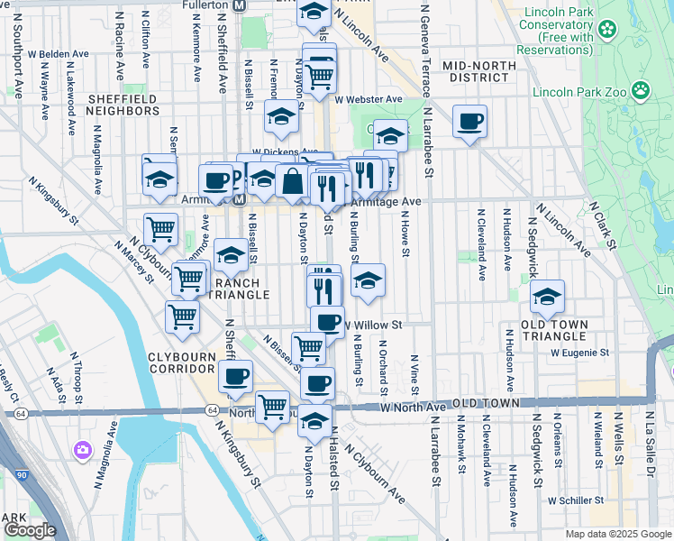 map of restaurants, bars, coffee shops, grocery stores, and more near 1877 North Halsted Street in Chicago